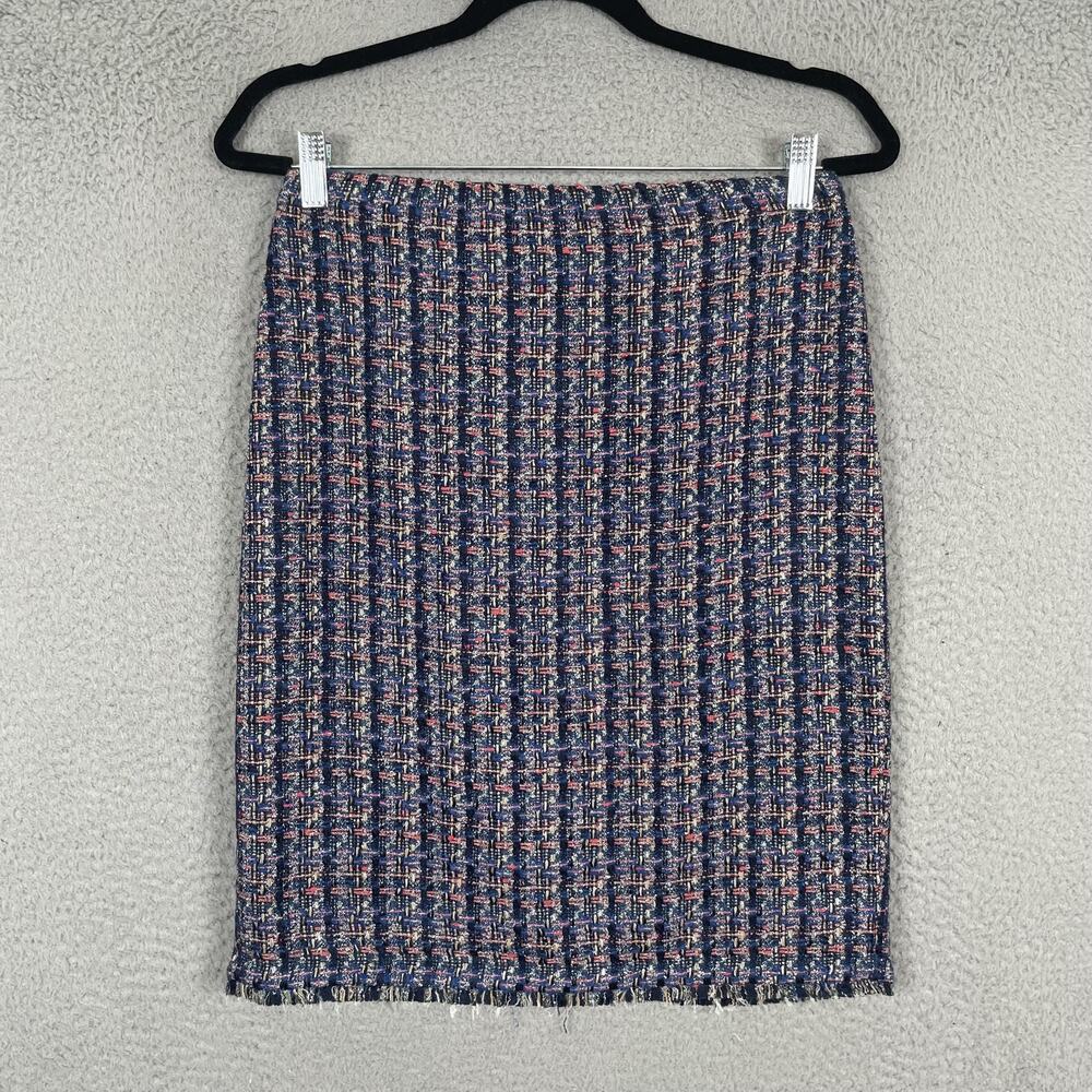 Ann Taylor Skirt Womens 6 Petite Navy Blue Pink Tweed Fringe Sheath Career